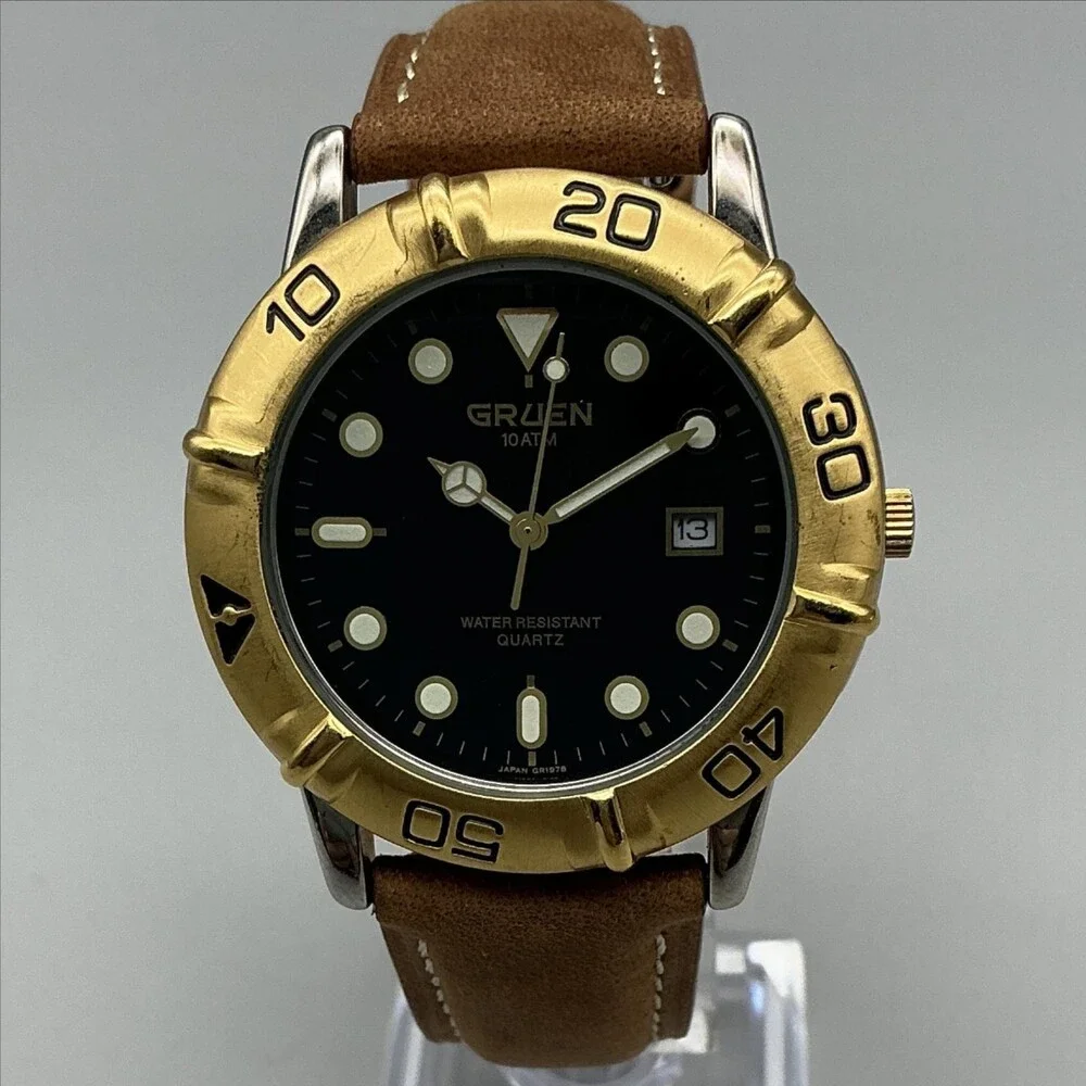 Gruen 321-2175 Mens Watch 40mm Gold Bezel Brown Leather Date New Battery